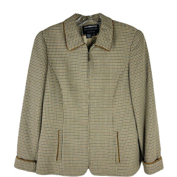 Liz Claiborne tan green check preppy academia houndstooth wool blazer jacket 6P - Picture 1 of 7